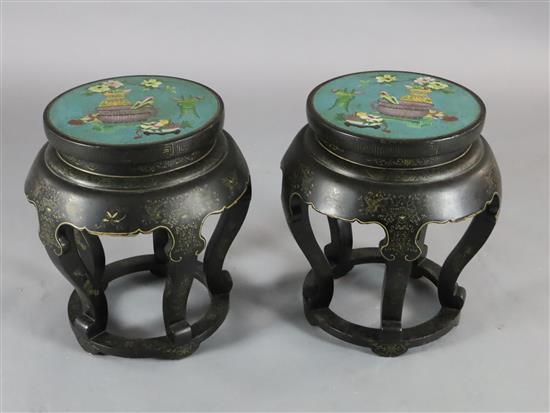 A pair of Chinese gilt-decorated black lacquer and cloisonne enamel mounted jardiniere stands, 20th century, H.47.5cm
